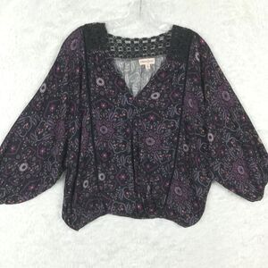 Bloomfield Womens‎ Top Faux Wrap Floral Geometric Batwing Crochet Boho Blouse M